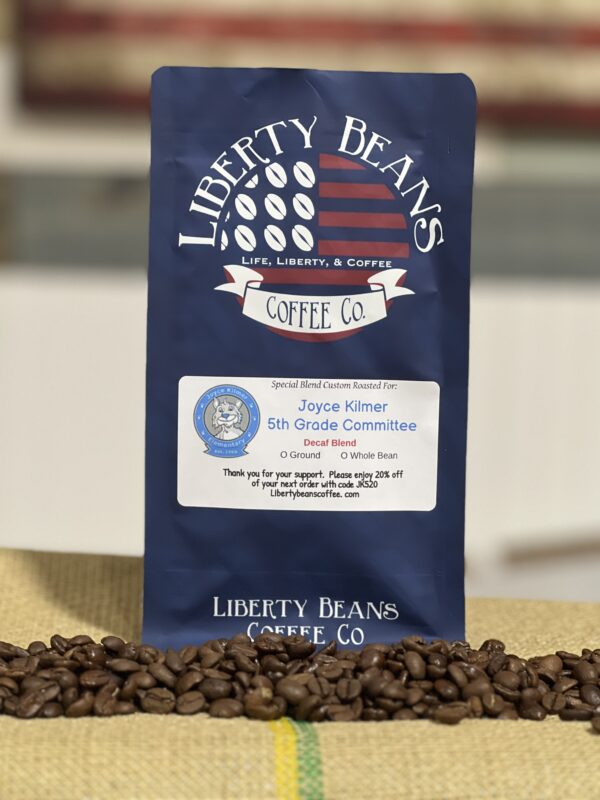 Liberty Beans Coffee bag with roasted beans display.