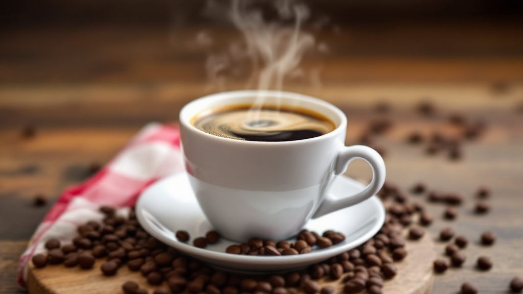 Steaming cup of coffee with beans on table