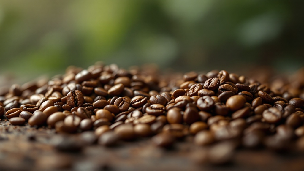 Close-up of roasted coffee beans on a table.