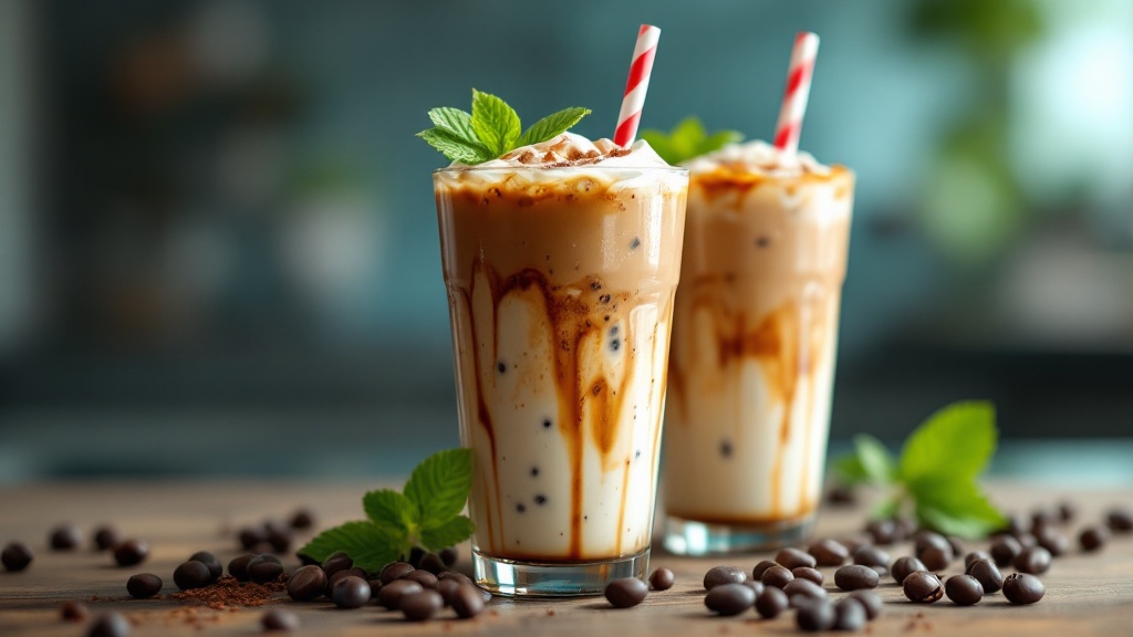 Two iced caramel coffee drinks with mint garnish.