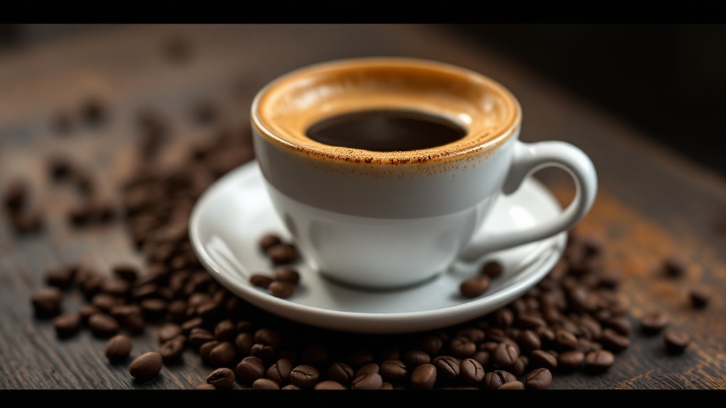 Espresso cup with coffee beans on table.