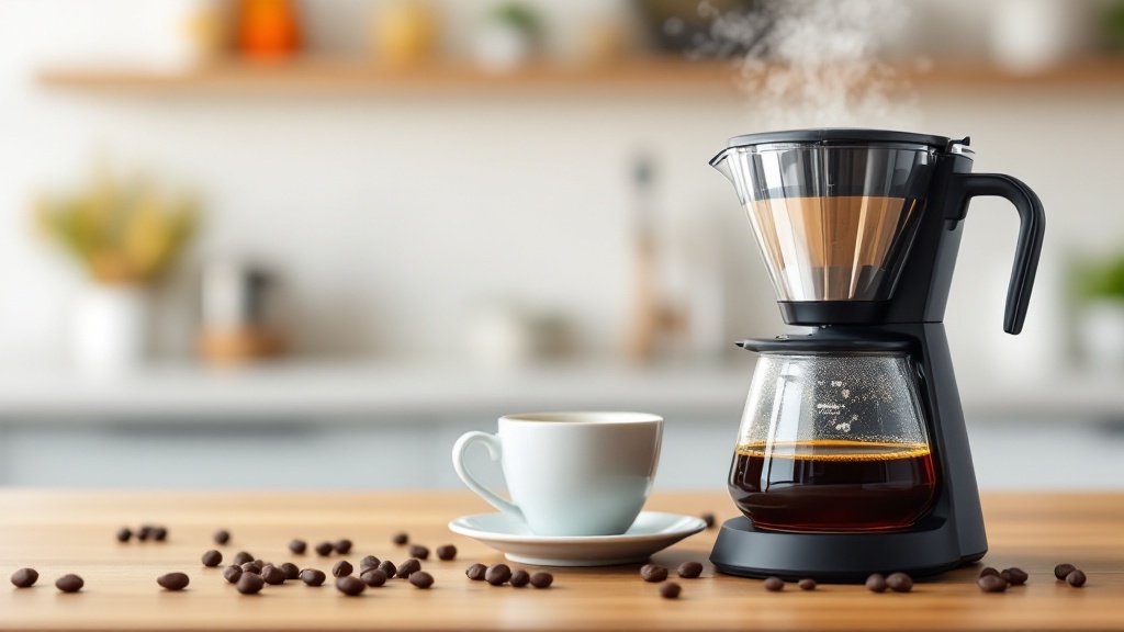 Coffee maker and cup with coffee beans