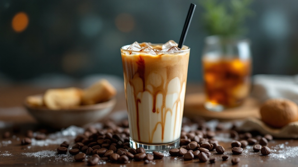 Iced caramel latte surrounded by coffee beans.