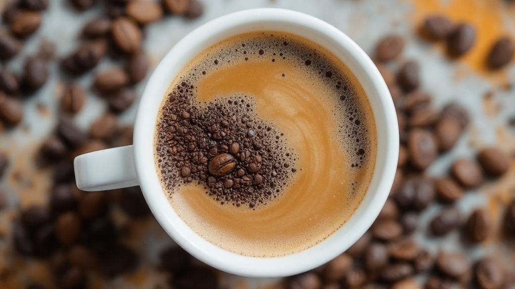 Cup of espresso with coffee beans.