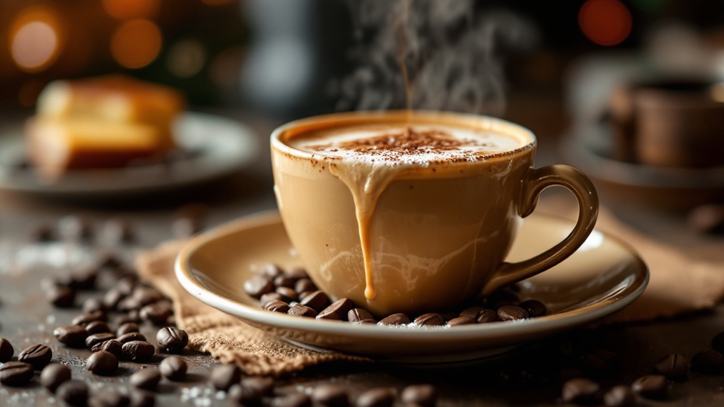 Steaming cappuccino with coffee beans on table.