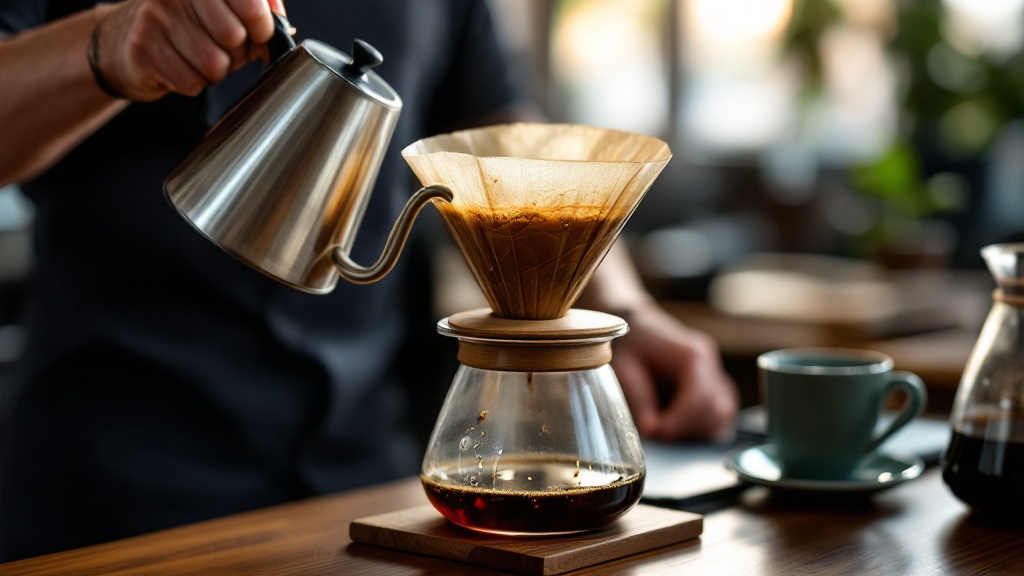 Pour-over coffee brewing process in a cafe.