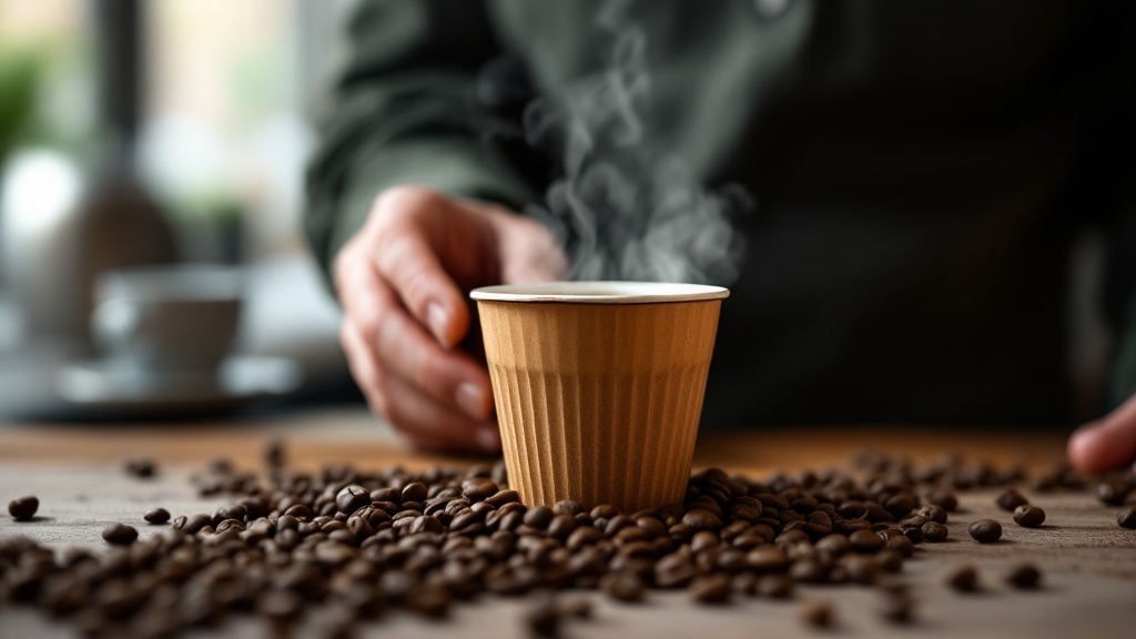 Steaming coffee cup surrounded by coffee beans.