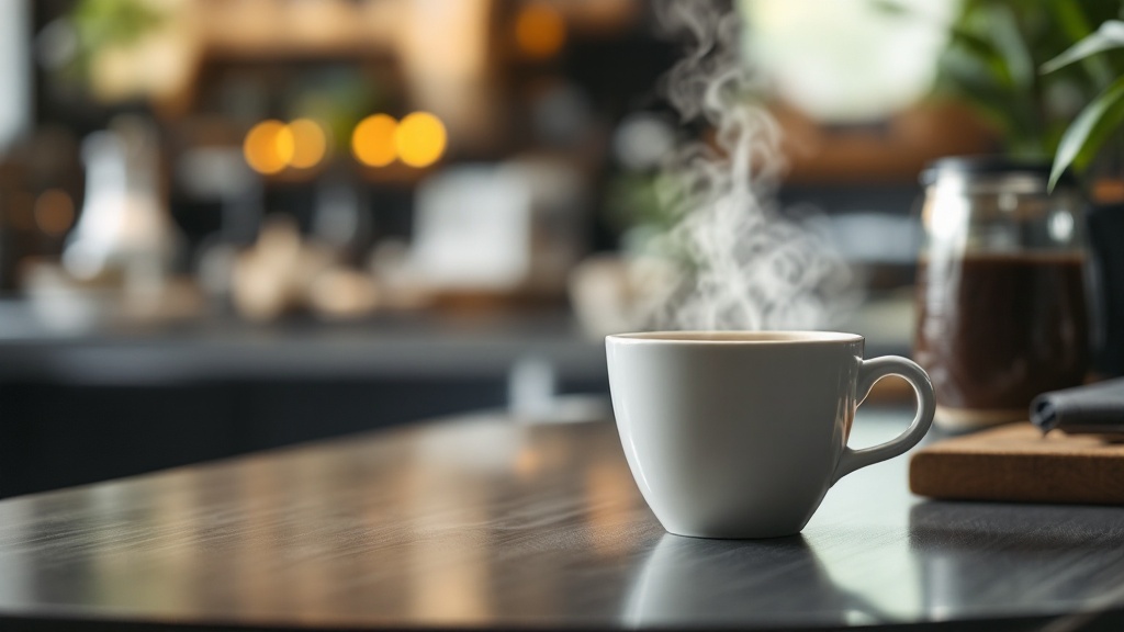 Steaming cup of coffee on wooden table