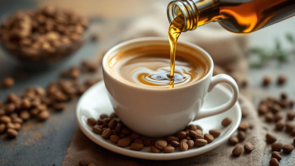 Pouring coffee syrup into cappuccino cup with beans