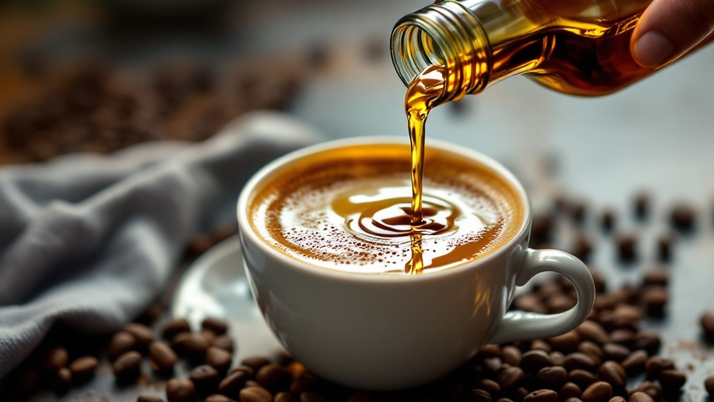 Pouring syrup into coffee with coffee beans