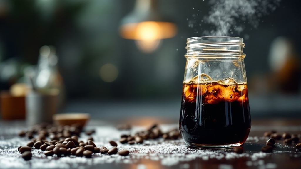 Iced coffee in a mason jar with beans.