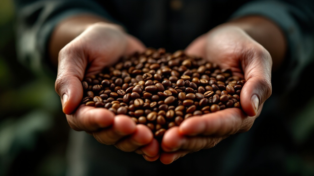 Hands holding fresh coffee beans outdoors