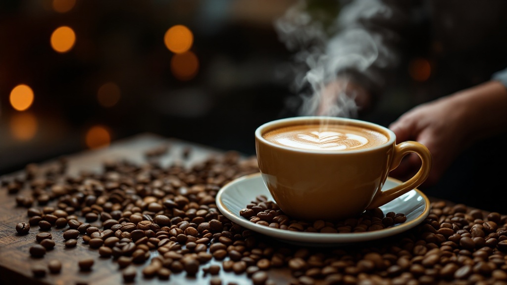 Steaming coffee cup with beans on table.