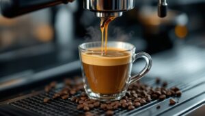 Espresso pouring into glass cup on coffee machine