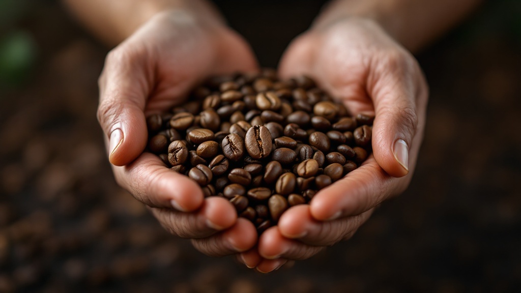 Hands holding fresh coffee beans.