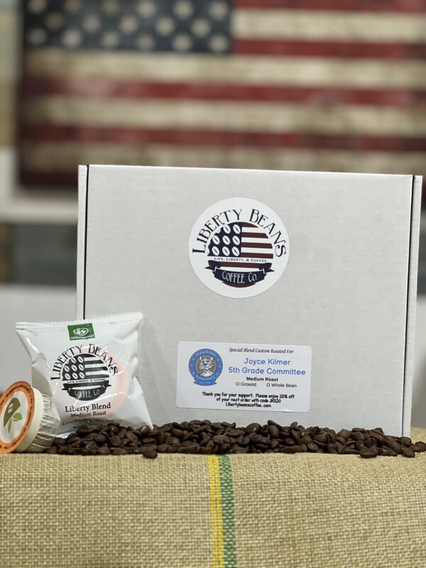 Liberty Beans Coffee package with American flag background.