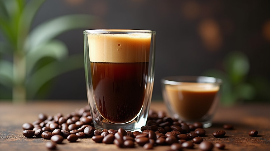 Glass of espresso with coffee beans