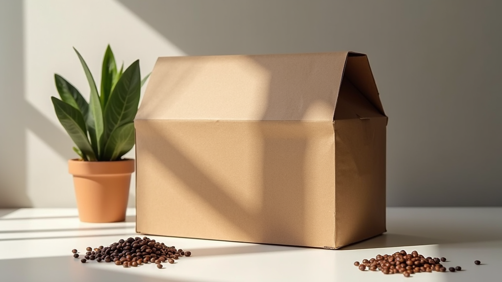 Potted plant, box, and coffee beans on table.