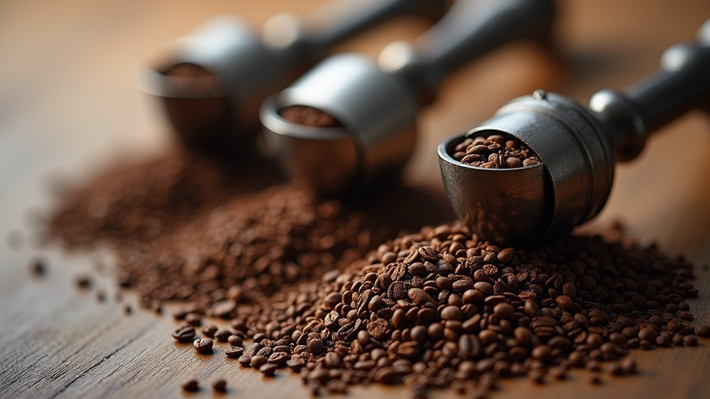 Metal scoops with roasted coffee beans.