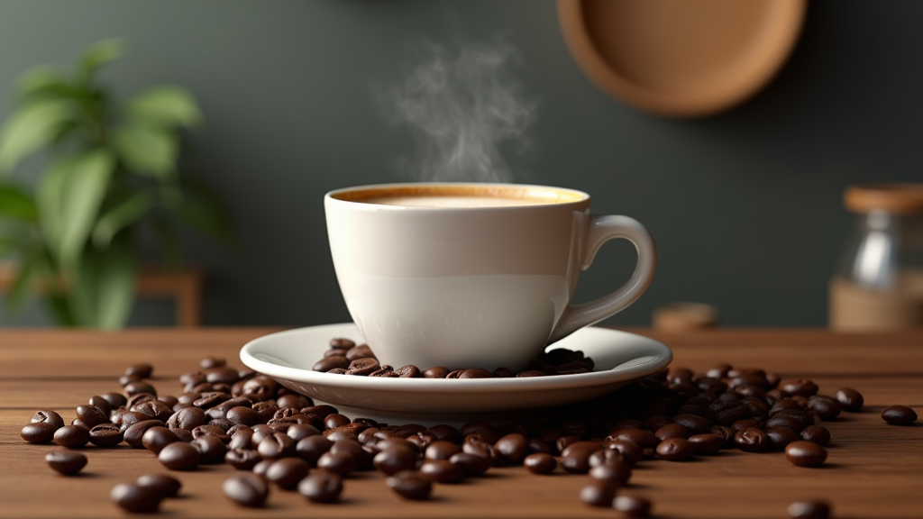 Steaming coffee cup surrounded by beans on table.