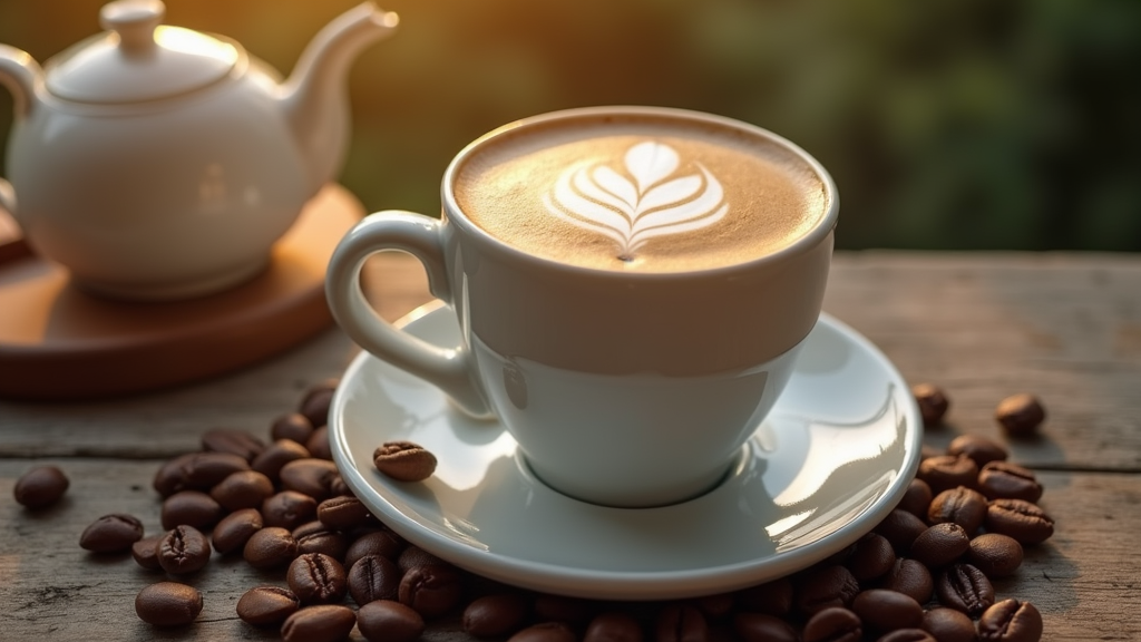 Cup of coffee with latte art and beans.