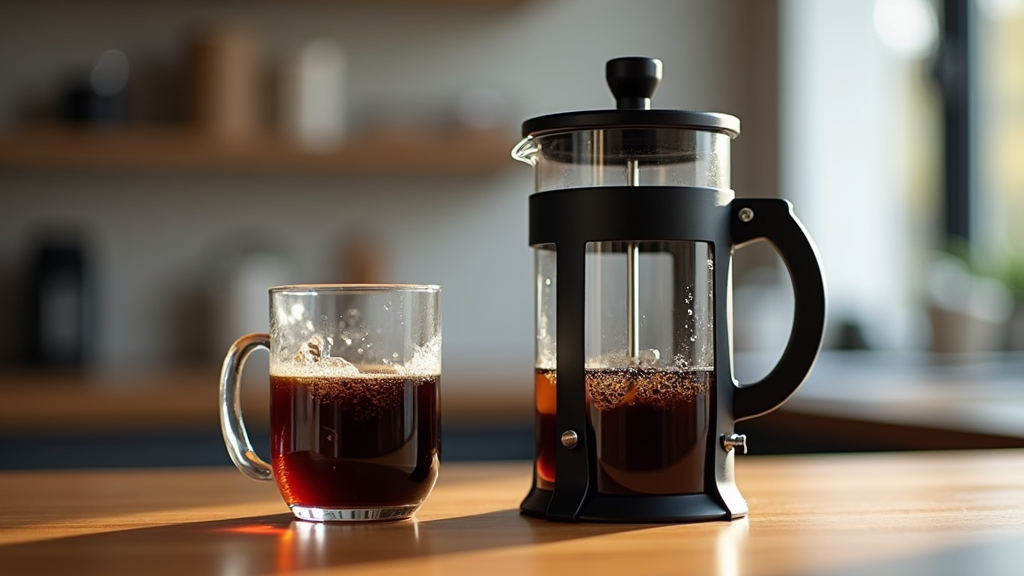 French press and coffee mug on wooden table.