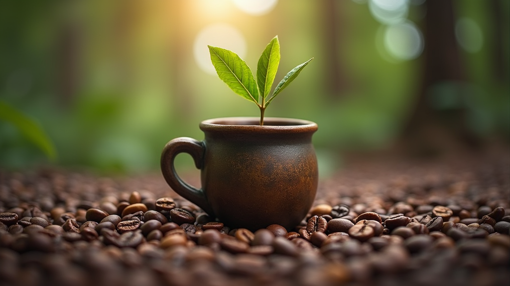 Plant growing in coffee cup on beans.