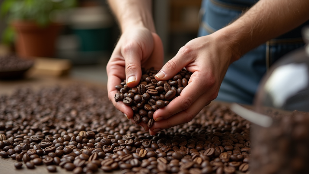 Hands holding roasted coffee beans on table.