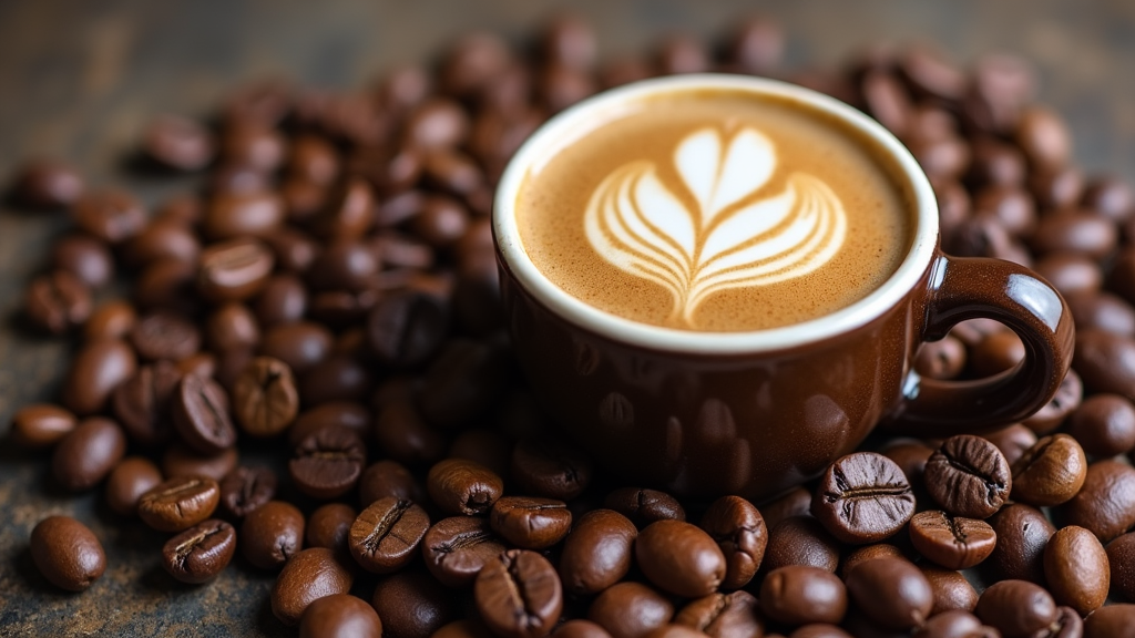 Latte art coffee surrounded by coffee beans.