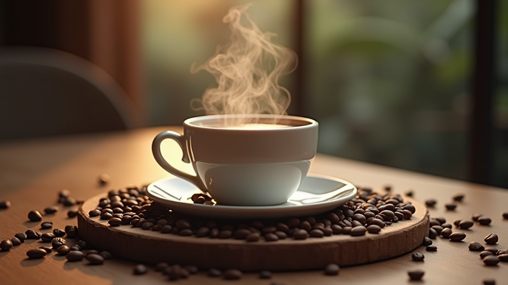 Steaming hot coffee with scattered beans on table.