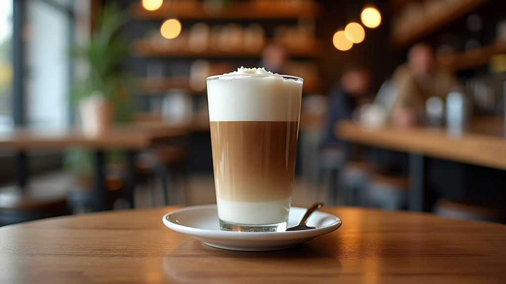 Cappuccino in cozy cafe with blurred patrons.