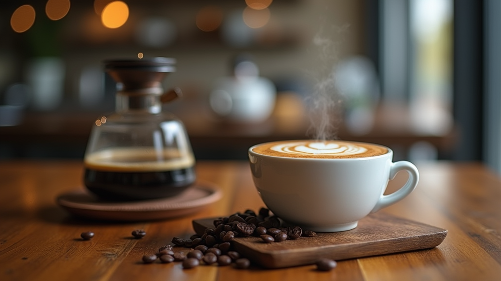 Cup of coffee with latte art beside carafe