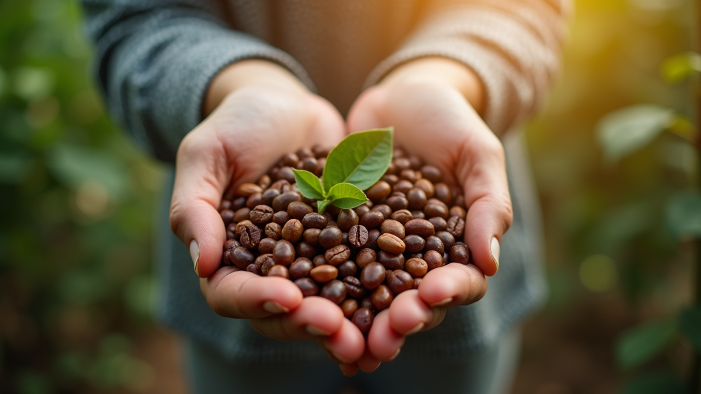 Hands holding coffee beans with green leaf