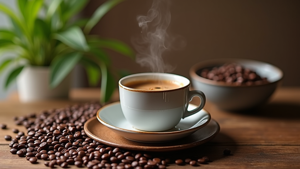 Steaming coffee cup with beans and plant