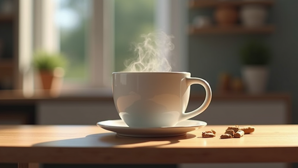 Steaming coffee cup on sunny kitchen table.