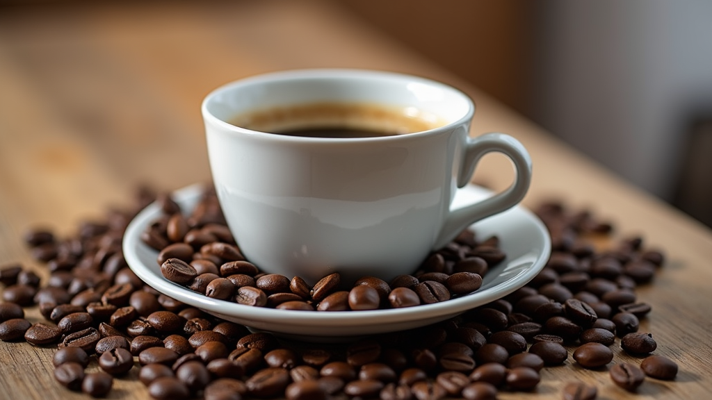 Cup of coffee surrounded by beans on table.