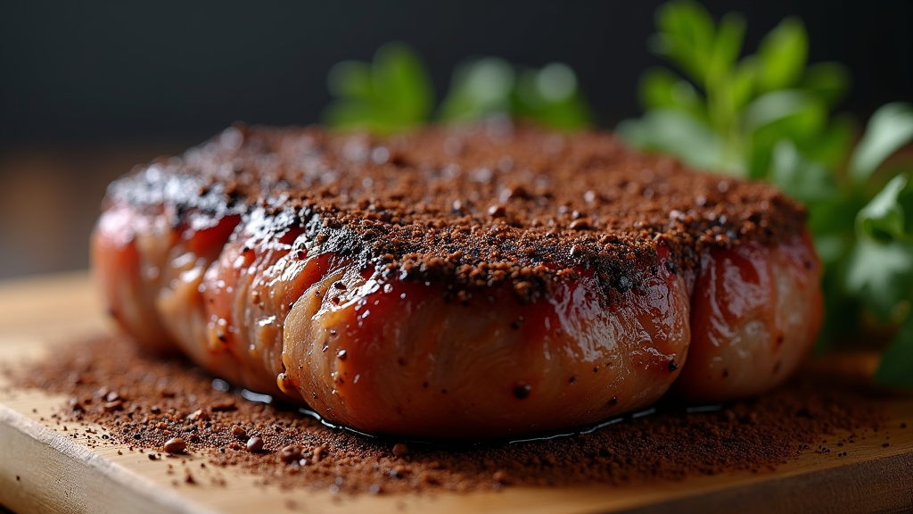 Succulent beef with chocolate and herbs on board.