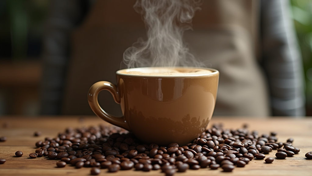 Steaming coffee cup on scattered coffee beans