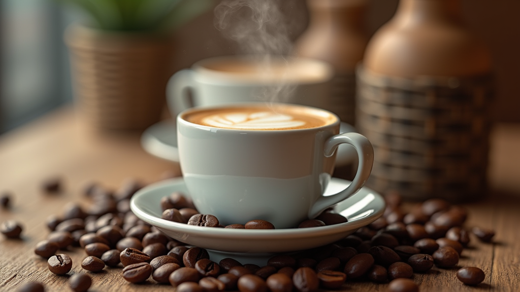 Steaming latte with coffee beans and plant