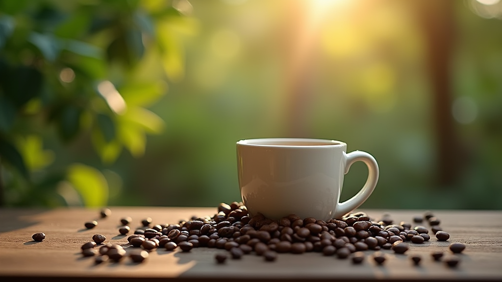 Coffee cup surrounded by beans, morning sunlight.