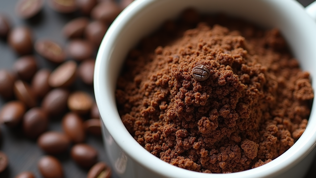 Ground coffee in cup with scattered beans