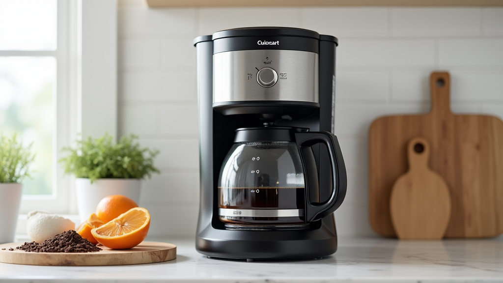 Modern coffee maker on kitchen counter with oranges.