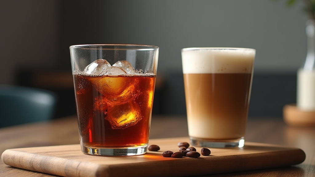 Two coffee drinks on wooden board.