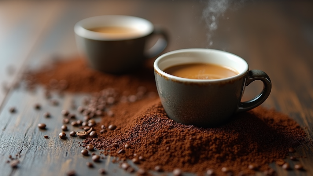 Two coffee cups on ground coffee and beans.