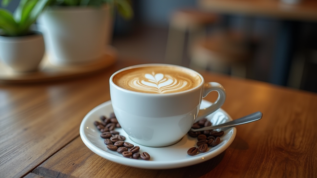 Cappuccino with latte art and coffee beans