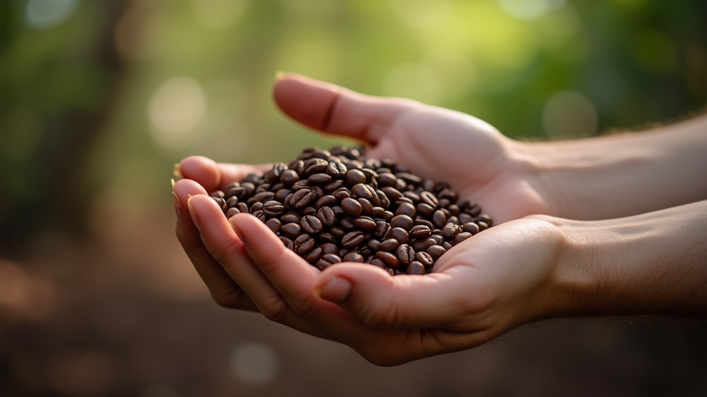 Hands holding roasted coffee beans outdoors.