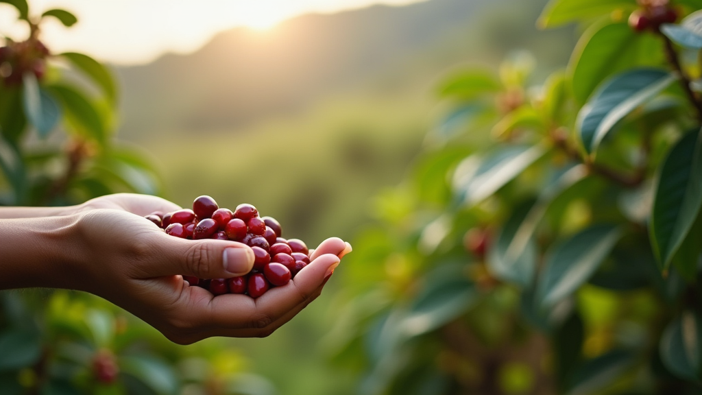 Hand holding ripe coffee cherries outdoors