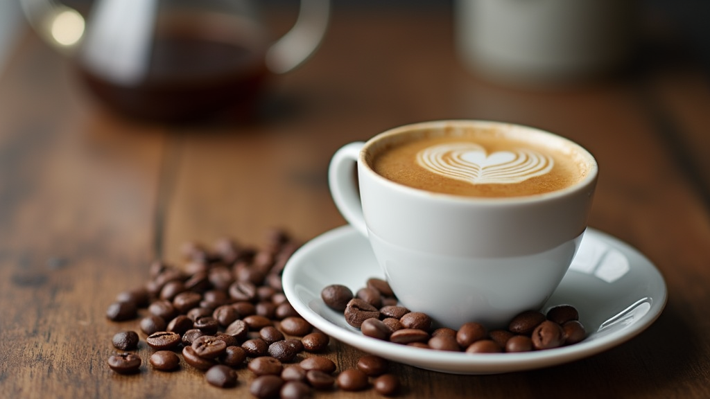 Cup of cappuccino with latte art on table