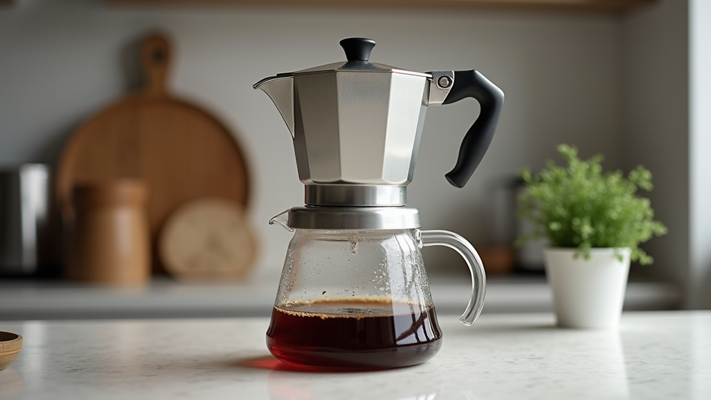 Moka pot brewing coffee on kitchen counter