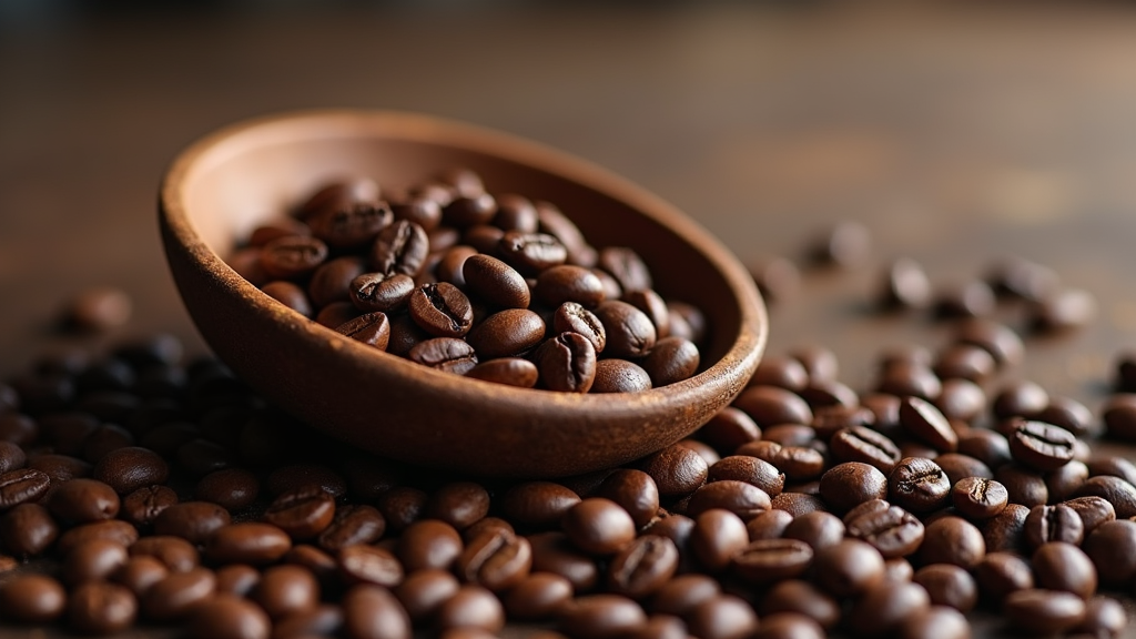 Wooden bowl filled with roasted coffee beans